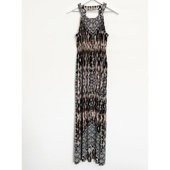 Soma Dresses & Skirts - Soma Stretch Jersey Halter Keyhole Cutout Smocked Long Maxi Dress Brown Black